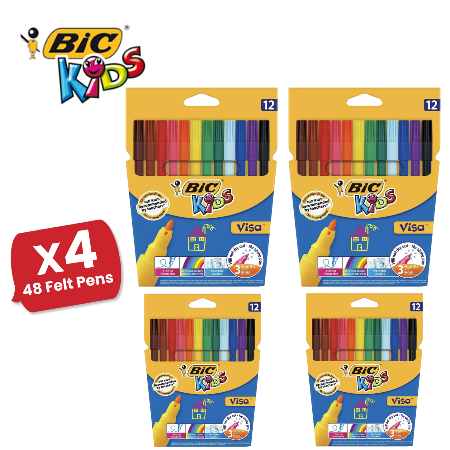 BIC Kids Visa Felt Pens Assorted Colours - Wallet of 12 - 1 to 5 Packs