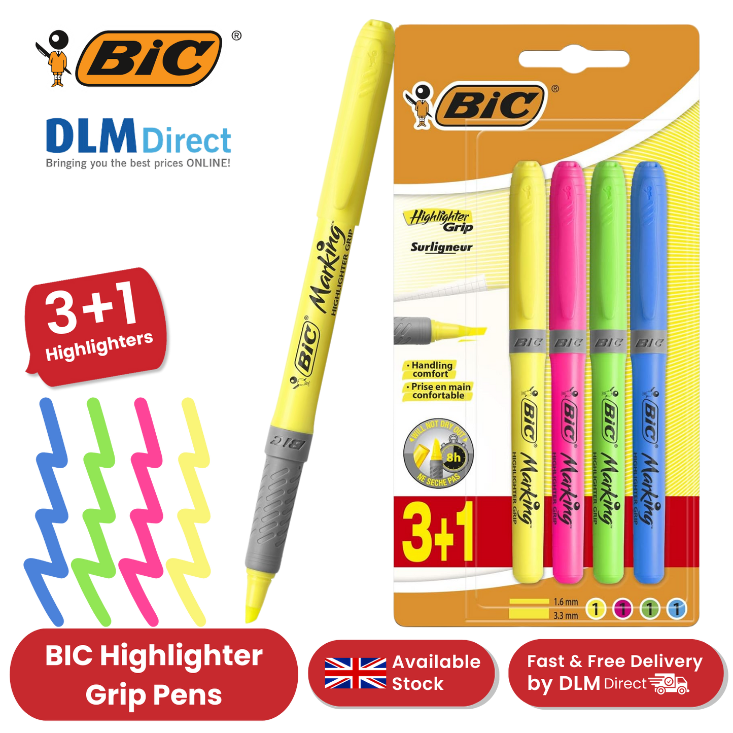 BIC Briteliner Grip Highlighters - Yellow/Blue/Green/Pink (Pack of 4)