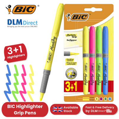 BIC Briteliner Grip Highlighters - Yellow/Blue/Green/Pink (Pack of 4)