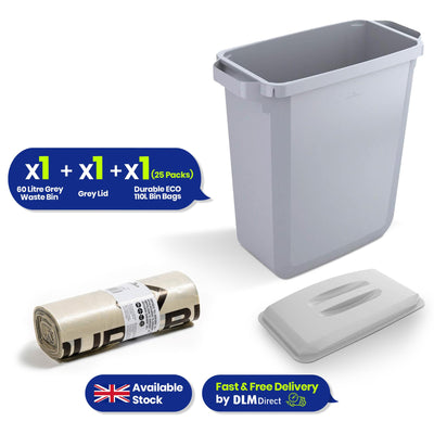 Durable DURABIN 60 Grey+ Durable DURABIN Lid Eco Grey for 60 Litre Waste Bin + Durable ECO 110L Bin Bags 100% Recycled