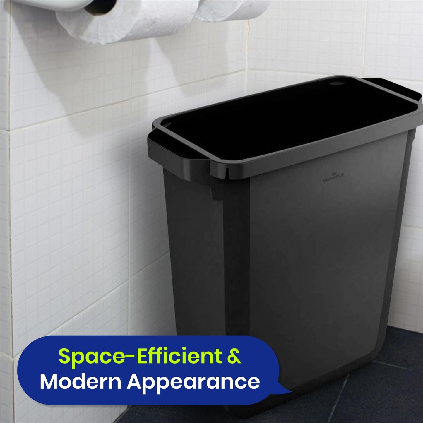 60L Durable DURABIN Black Plastic Waste Bin with Open Top & Handles for Home & Office