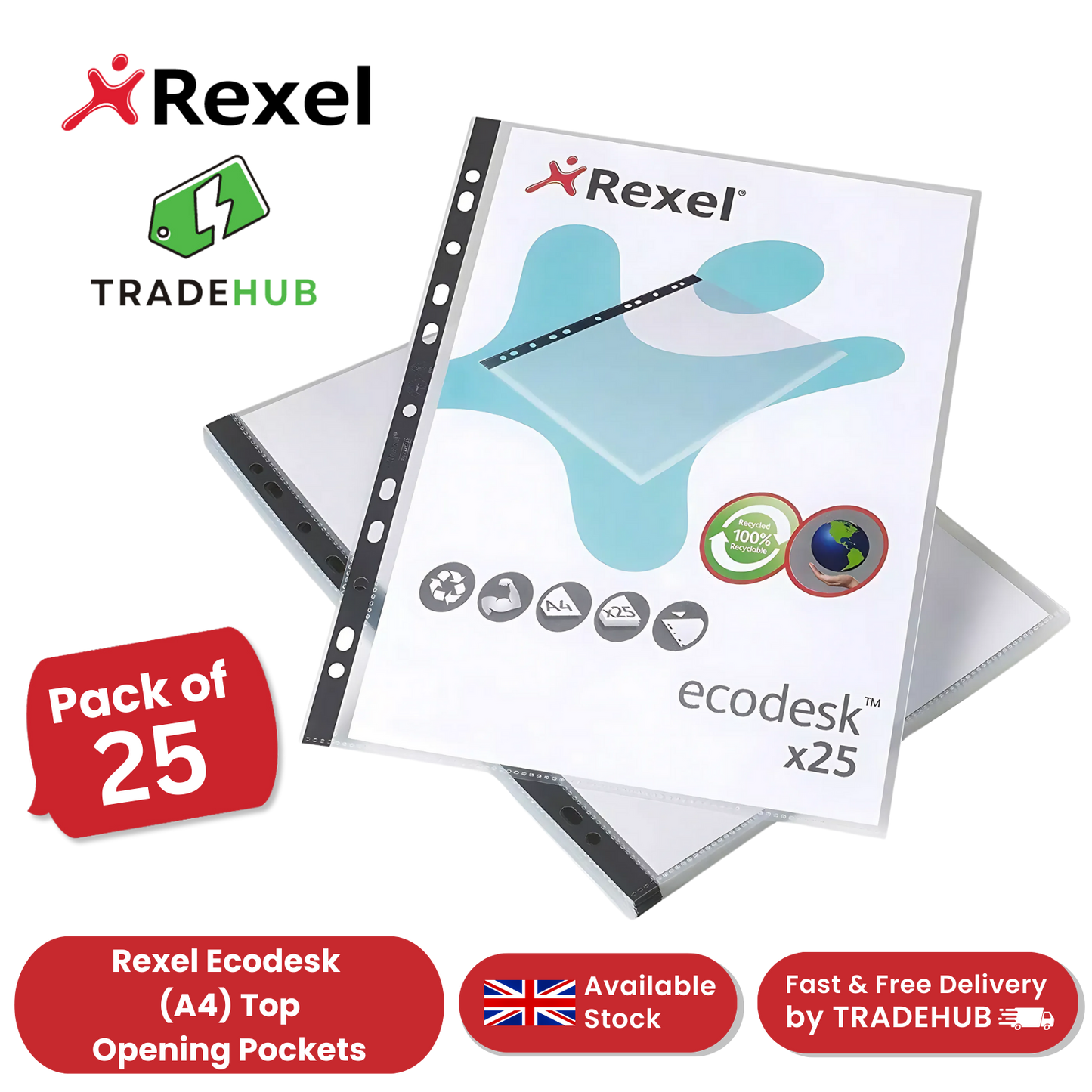 Rexel Ecodesk A4 Top Opening Pockets, Recyclable and Eco-Friendly Pockets x25
