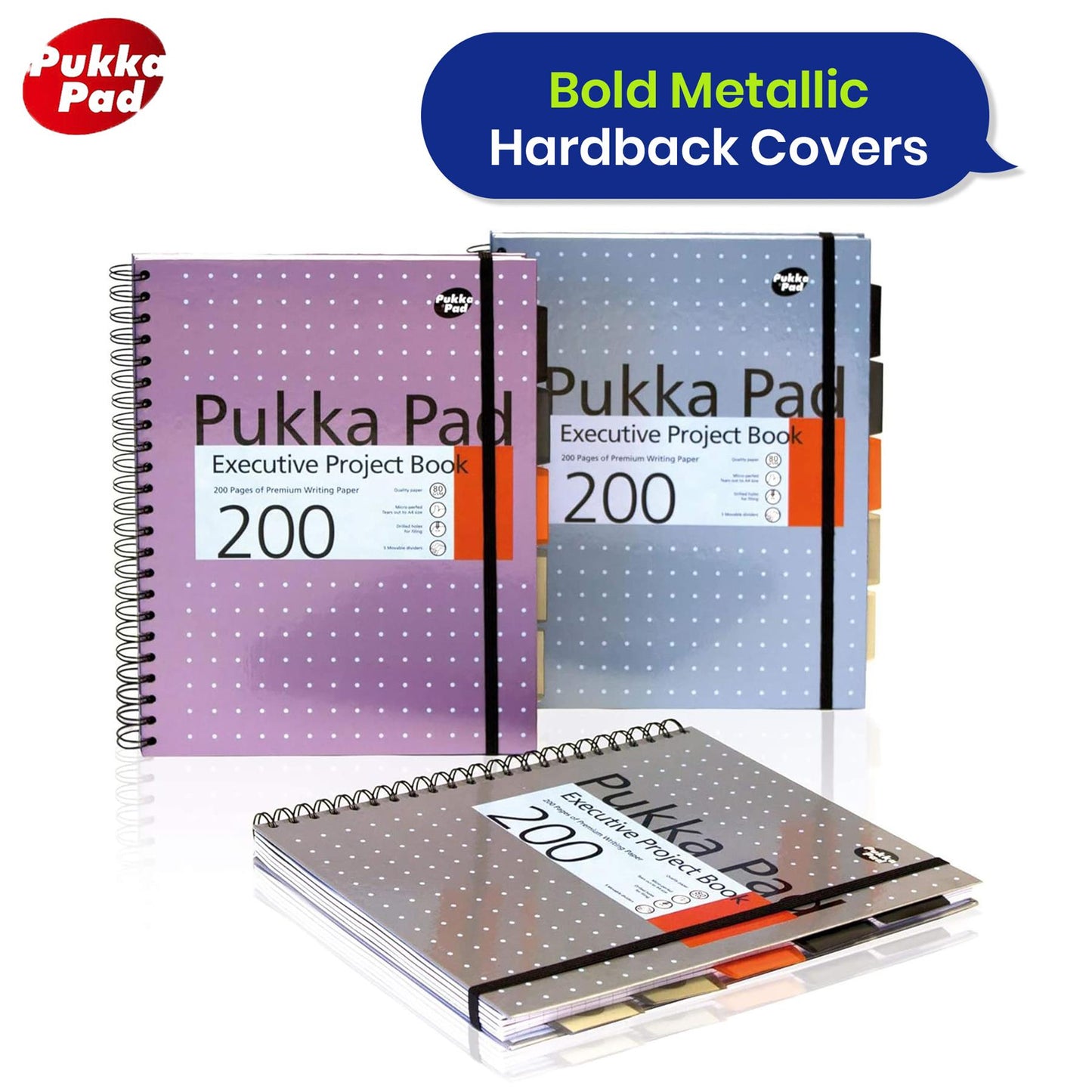 Pukka Pad Project Book Metallic Journal Notebook with Dividers & Pockets Writing Notepad for School Office Home (Pack of 3)