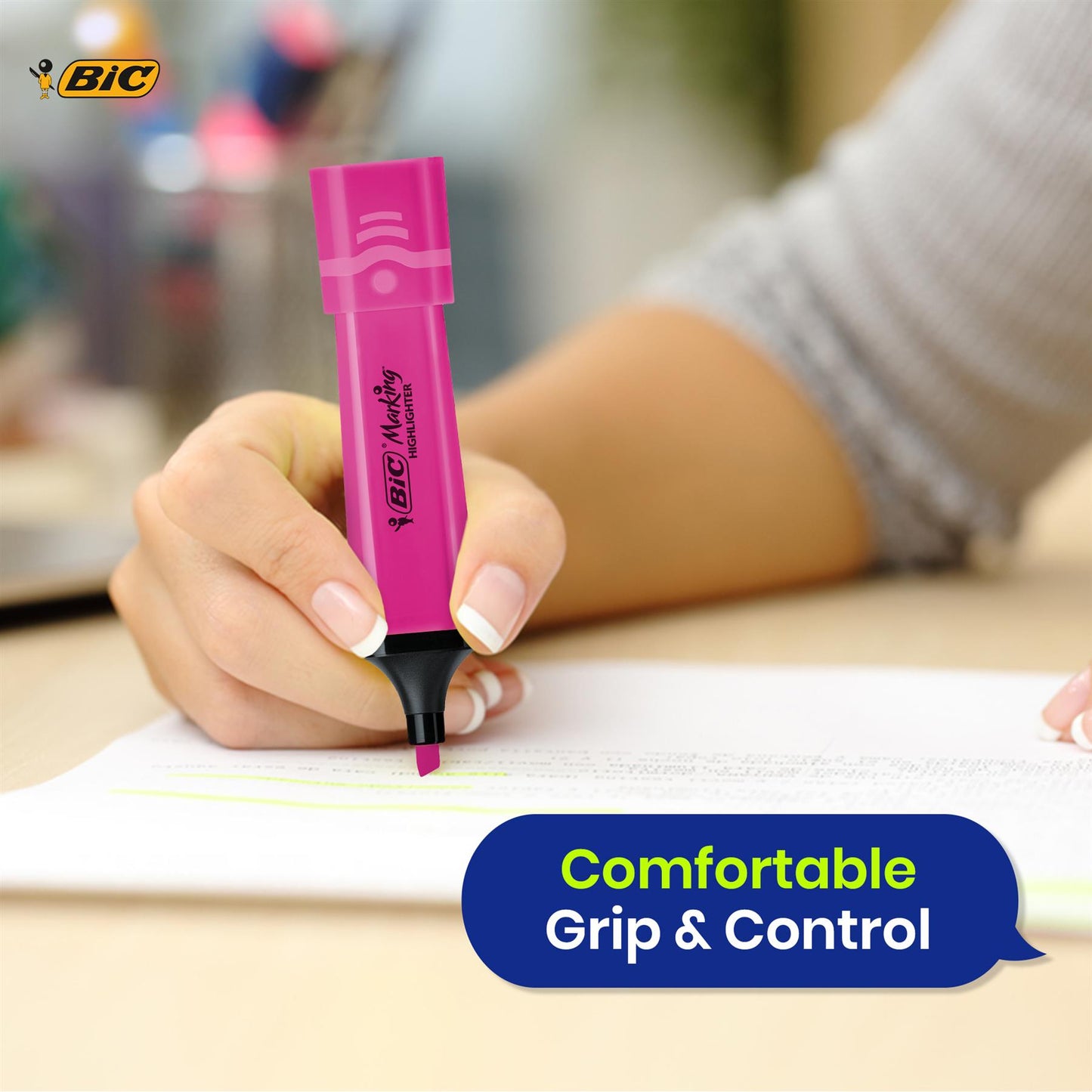 BIC Highlighter Flat Marker Neon Pink Pack of 3 & 4x Assorted Chisel Tip Quick Dry