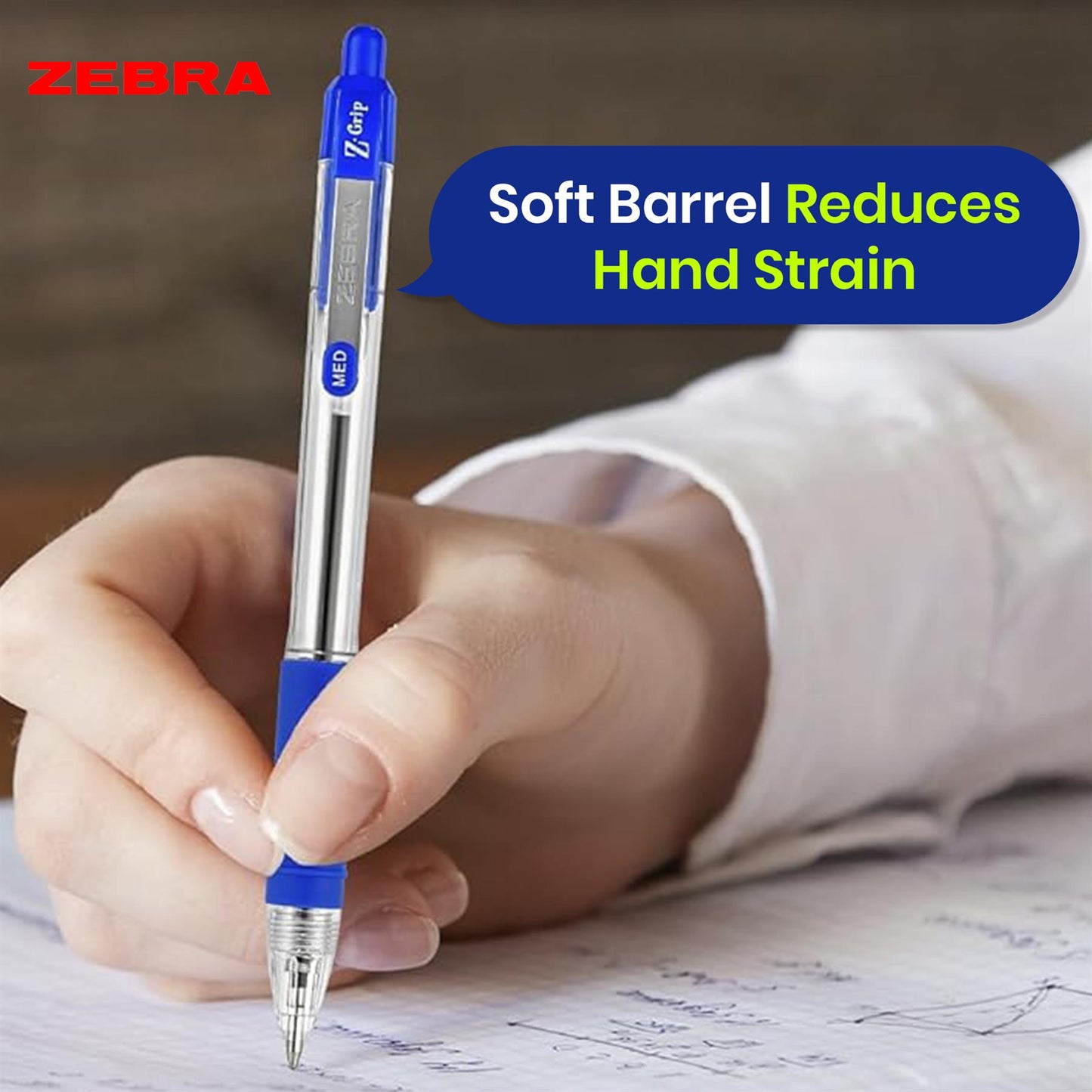 Zebra Z Grip Ballpoint Blue Retractable Pen 1.0mm Medium Point Biro for School Office (Pack of 12)