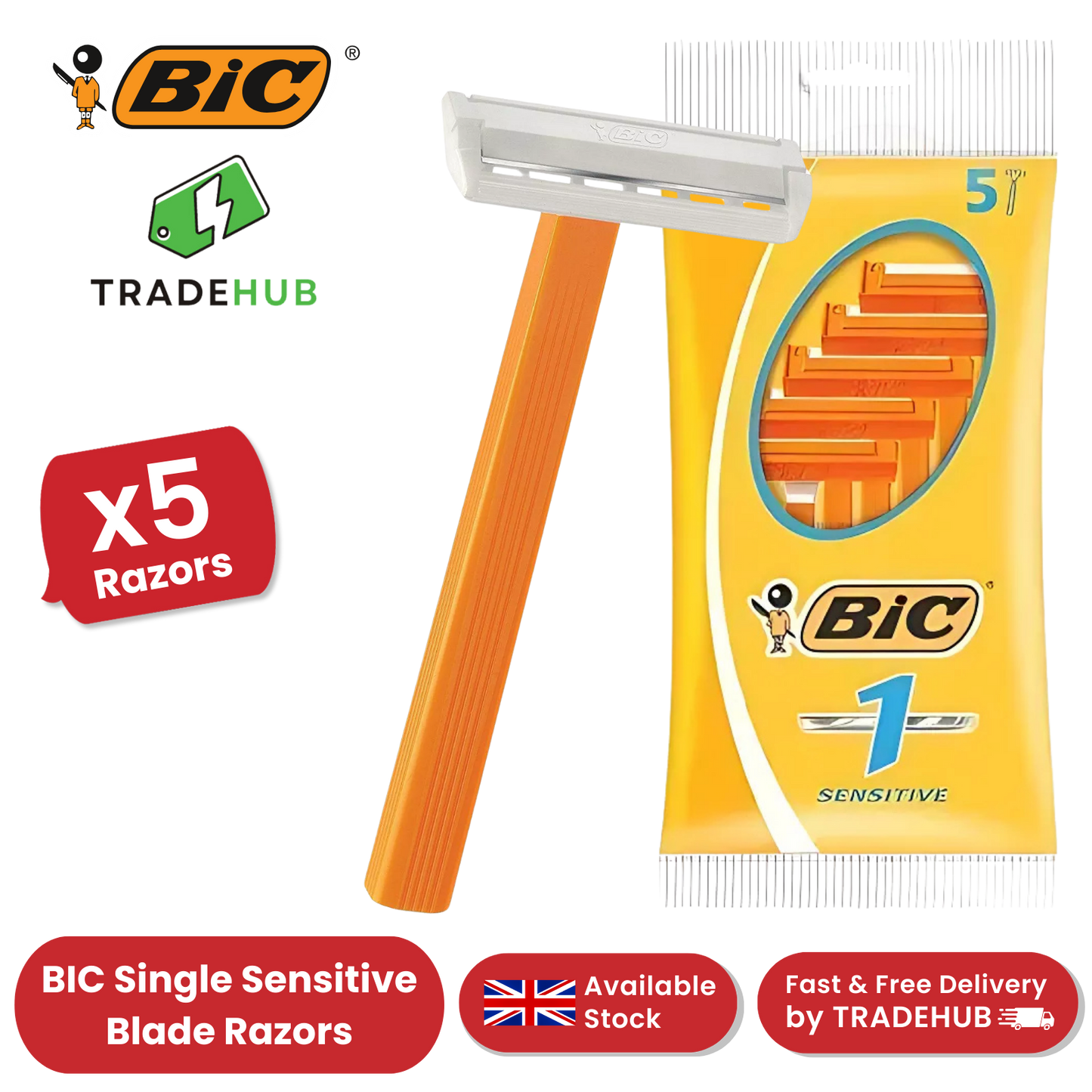 BiC Single Blade Sensitive Razors for Sensitive Skin, Everyday Use - Pack of 5