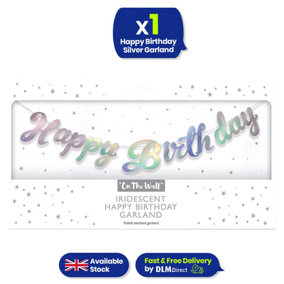 Party Banner � Happy Birthday Silver Iridescent Stitched Garland � 1.5 Metres