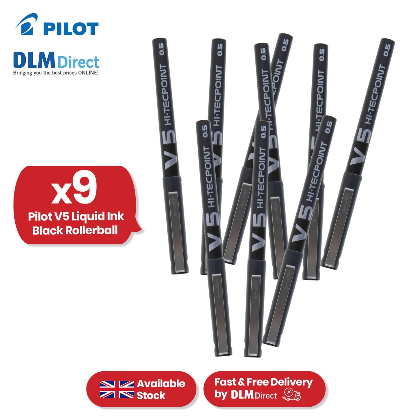 Pilot V5 Rollerball Pen - Black 0.5mm Fine Tip Rollerball Pen, Liquid Biros for Notes