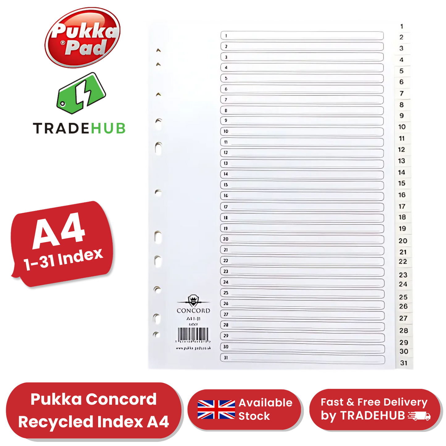 Pukka Concord A4 1-31 Index Recycled Multi-Punched File Tabs Office Organizer
