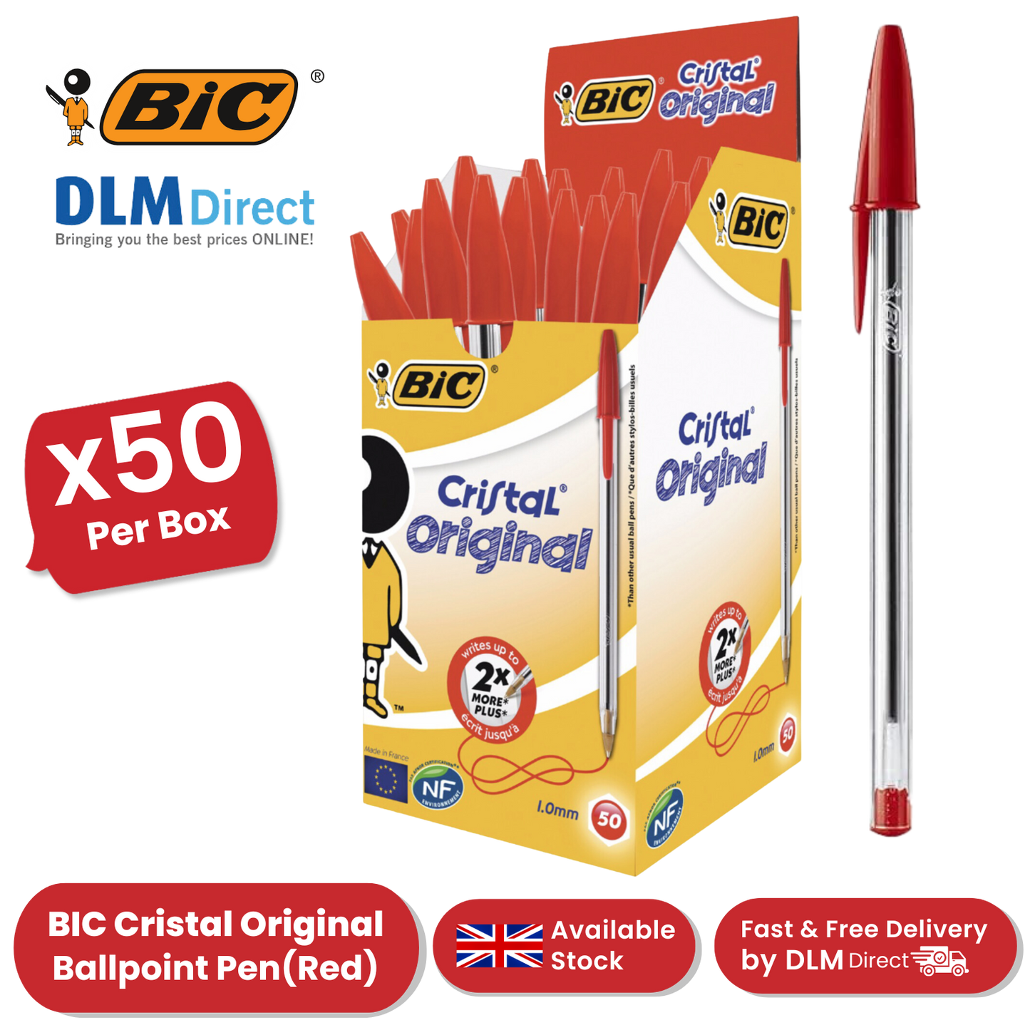 BIC CRISTAL MEDIUM BALL POINT PEN RED - BOX OF 50 - 1 to 5 Packs