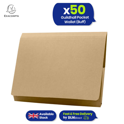 Exacompta Guildhall Pocket Wallet – 315gsm Manilla Heavyweight Secure file, Pack of 50, (Buff)