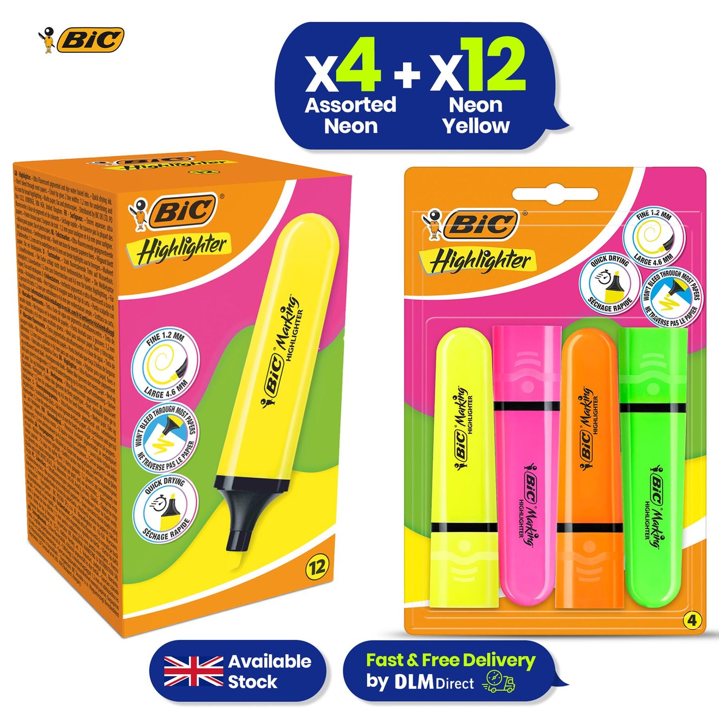 BIC Highlighter Flat Marker Neon Yellow 12x & 4x Assorted Markers