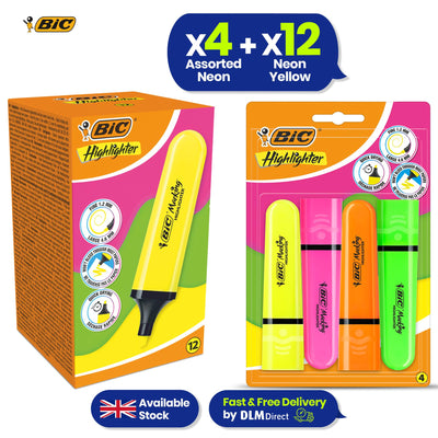 BIC Highlighter Flat Marker Neon Yellow 12x & 4x Assorted Markers
