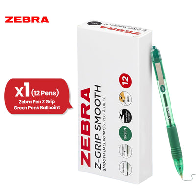 Zebra Smooth Ballpoint Pen Green Z Grip Retractable Pen 1.0mm Medium Point Biro for School Office (Pack of 12)