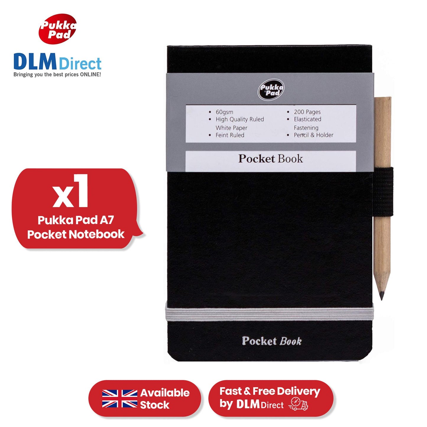 Pukka Pad Pocket Book - 200 Pgs A7 Black Notepad with Pencil & Elastic Strap for Journaling