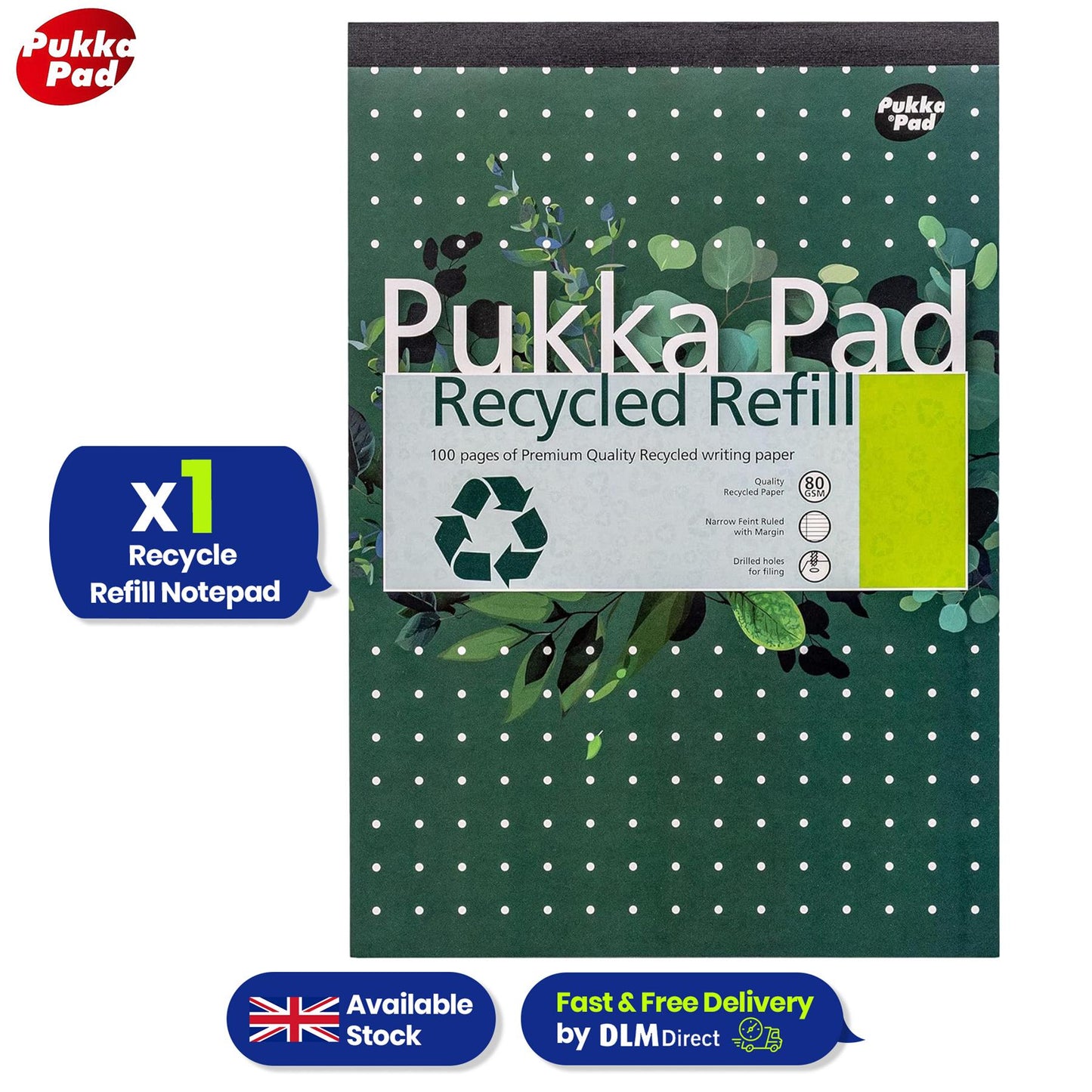 Pukka Pad Recycled Refill Notepad with 100 Pages of 80GSM, Feint Ruled Lines - Single Book