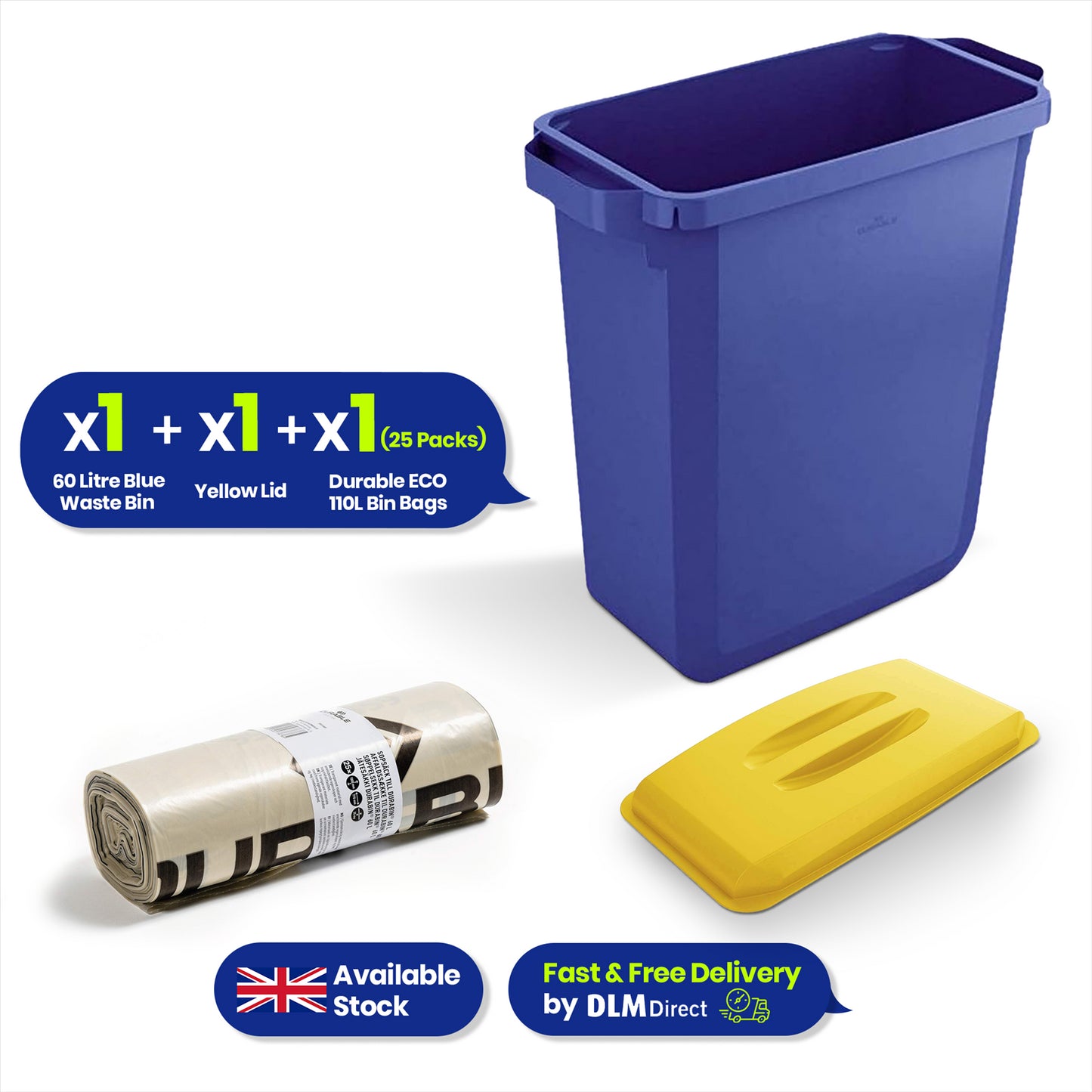 DURABIN 60L Blue Bin Set & Yellow Lid and 25x 110L Recycled Bin Bags