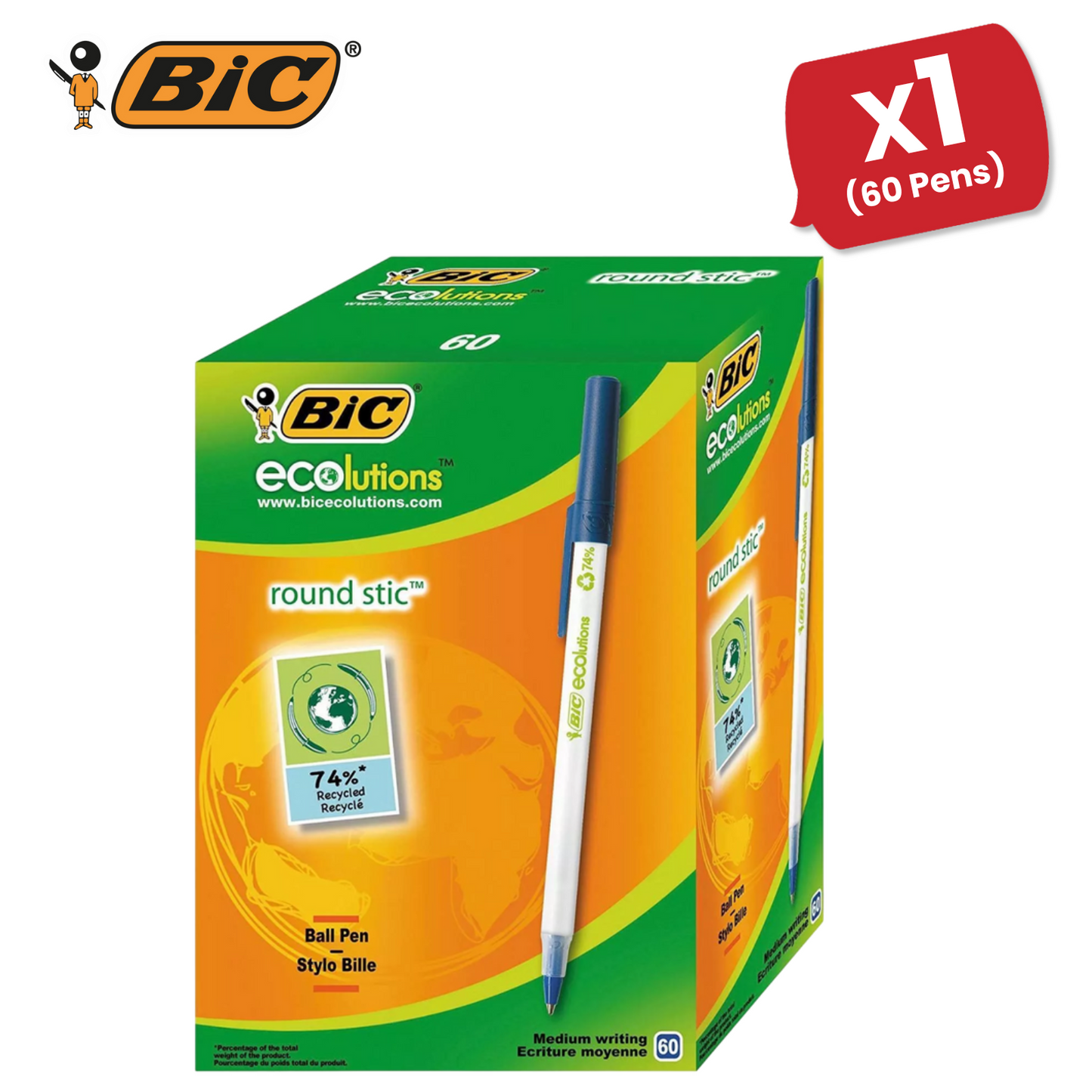 BIC Ecolutions Round Stic Ballpoint Pens - Blue Ink, 1.0mm Tip - Box of 60