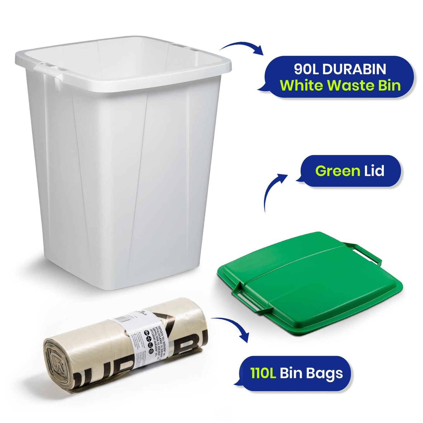 DURABIN 90L White Bin with Green Lid and 25x 110L Recycled Bin Bags for Everyday Use