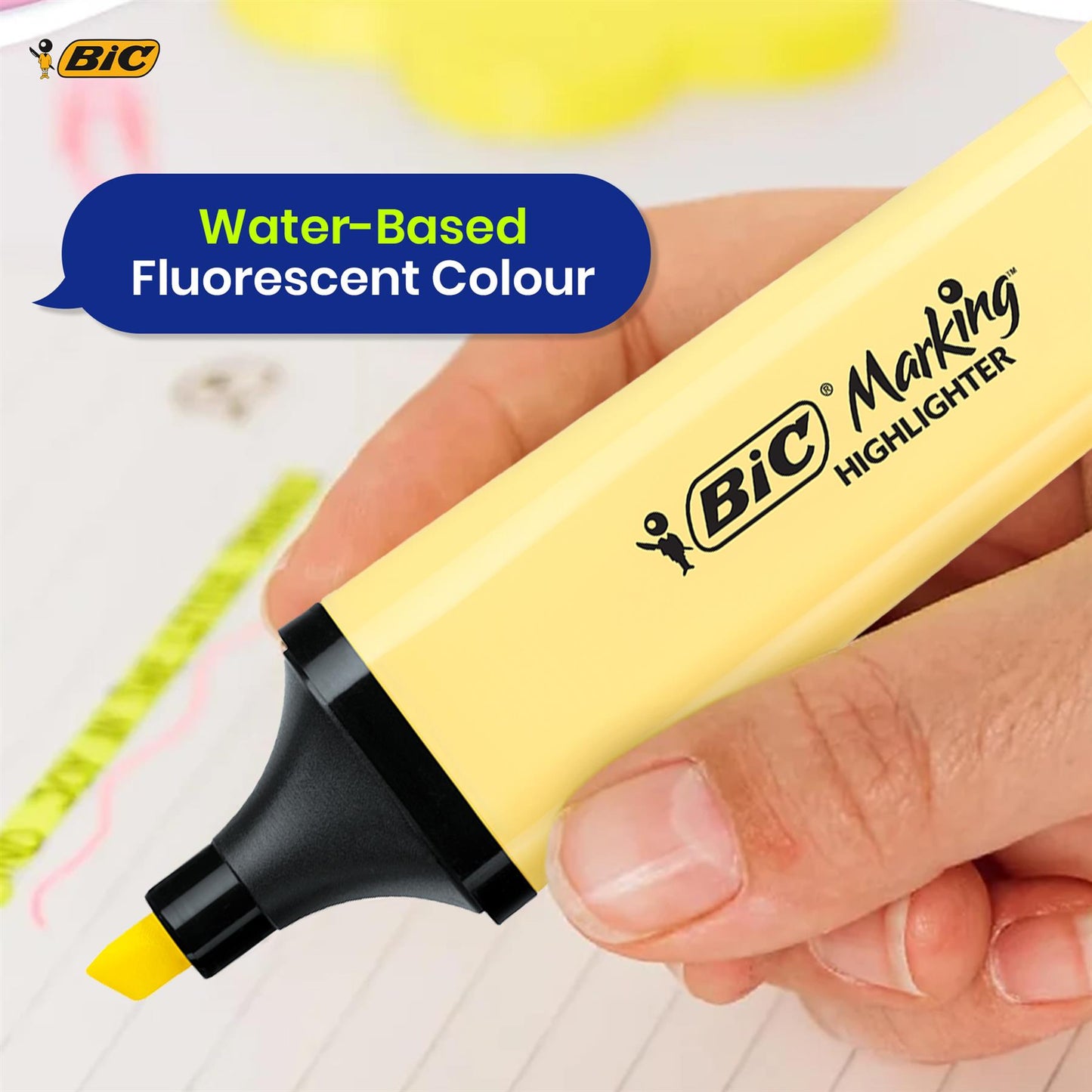 BIC Highlighter Flat Marker Pastel Yellow Pack of 3 & 4x Assorted  Neon Chisel Tip Quick Dry