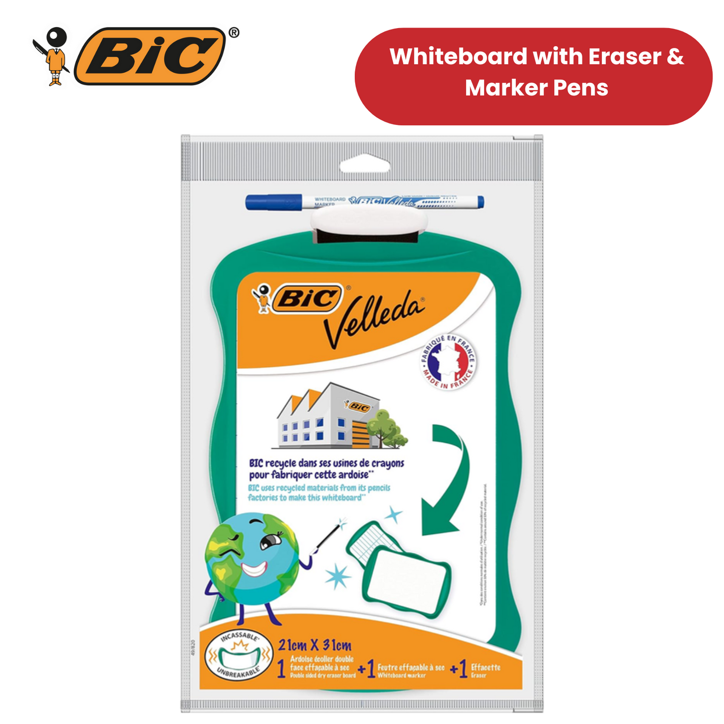 BIC Velleda Double-sided Whiteboard (21 x 31cm) with 2 Dry Erase Pens -2 to 36