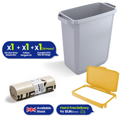 Durable DURABIN 60 Grey+ Durable Durabin Hinged Lid - Yellow+ Durable ECO 110L Bin Bags 100% Recycled