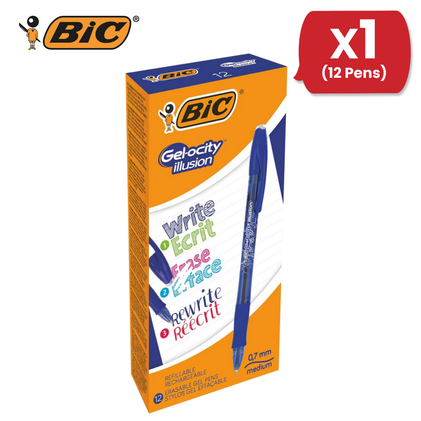 BIC Gel-Ocity Illusion 0.7mm Erasable Gel Pens Blue - Pack of 12 Refillable