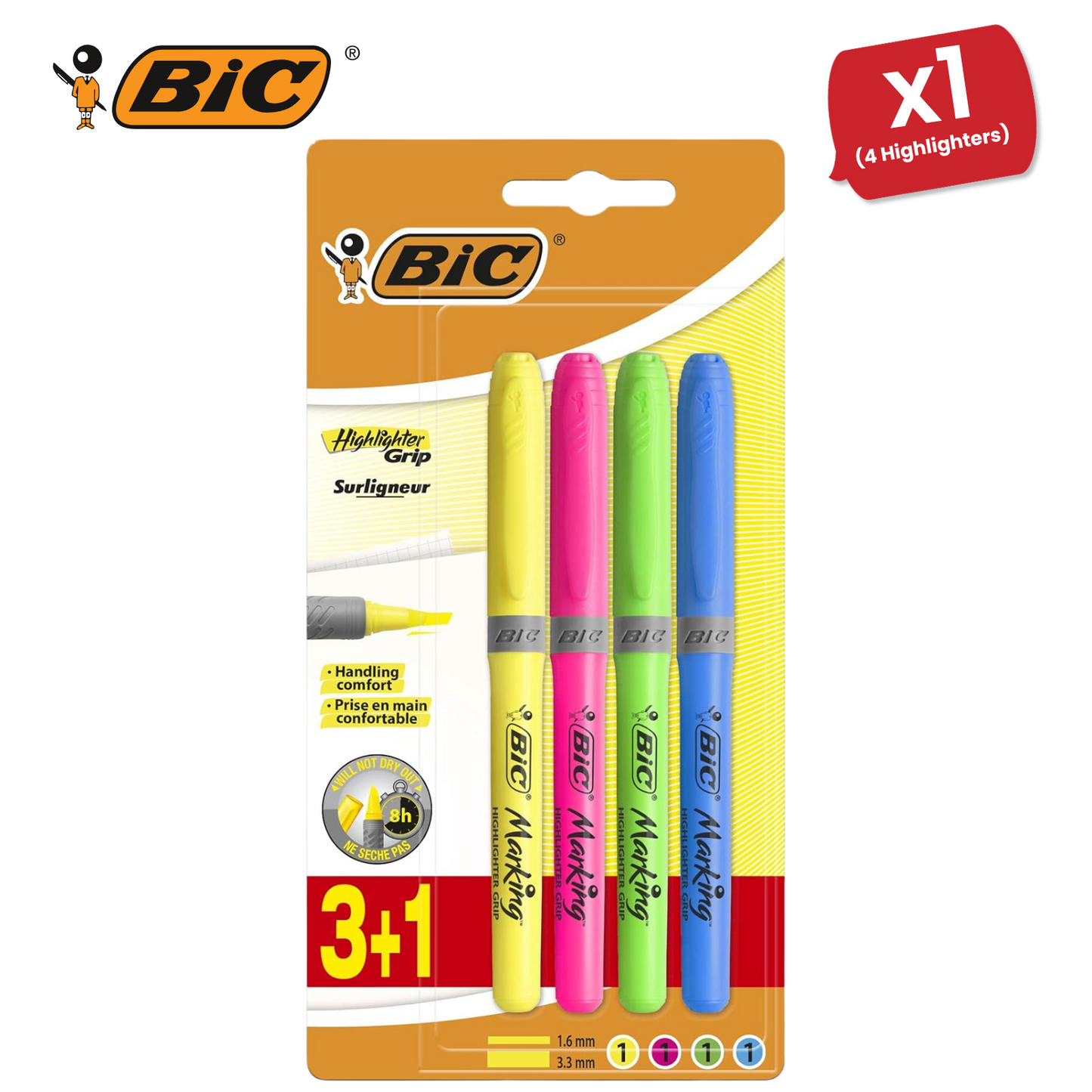 BIC Briteliner Grip Highlighters - Yellow/Blue/Green/Pink (Pack of 4)