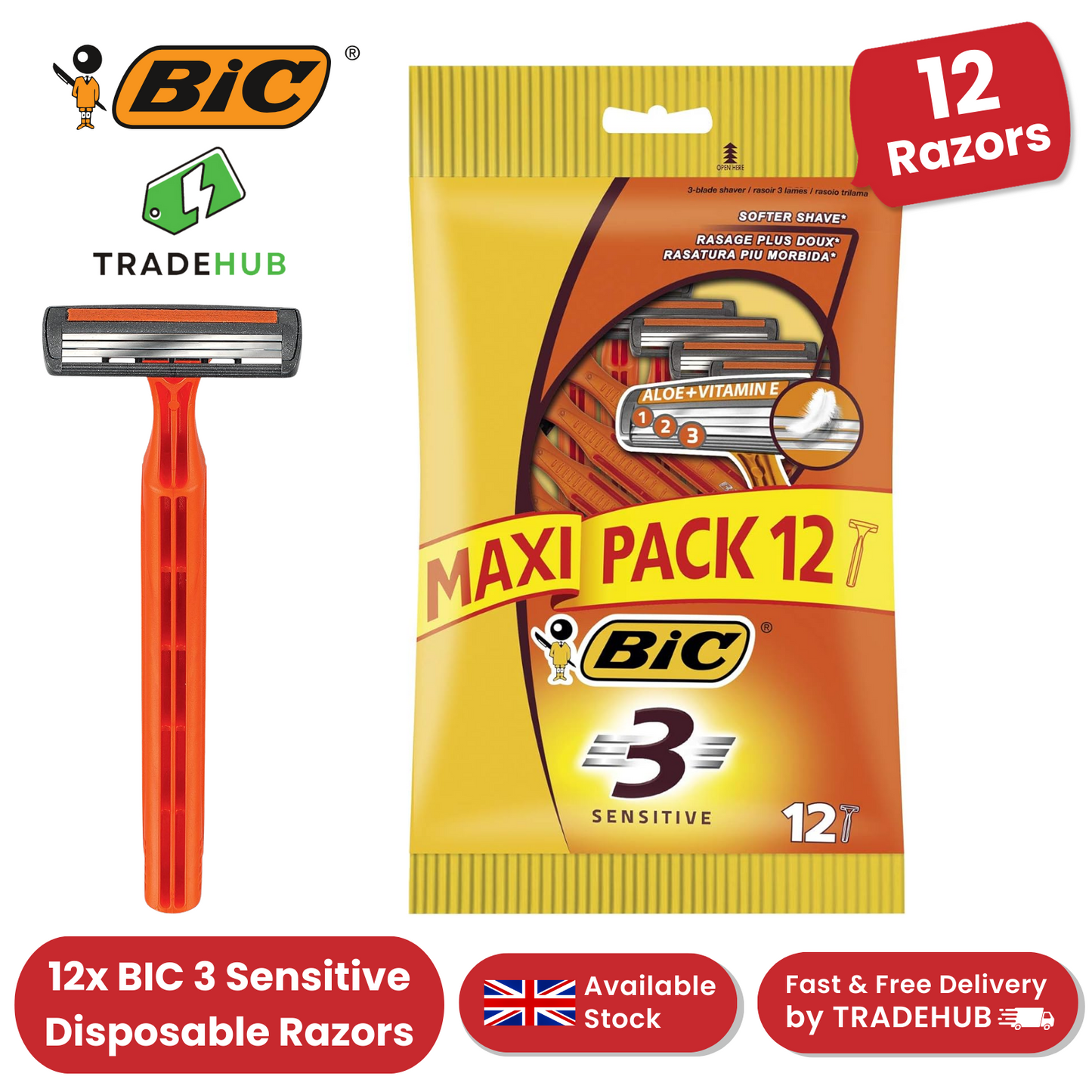 Bic 3 Sensitive Razors - 3 Packs (12 Razors)