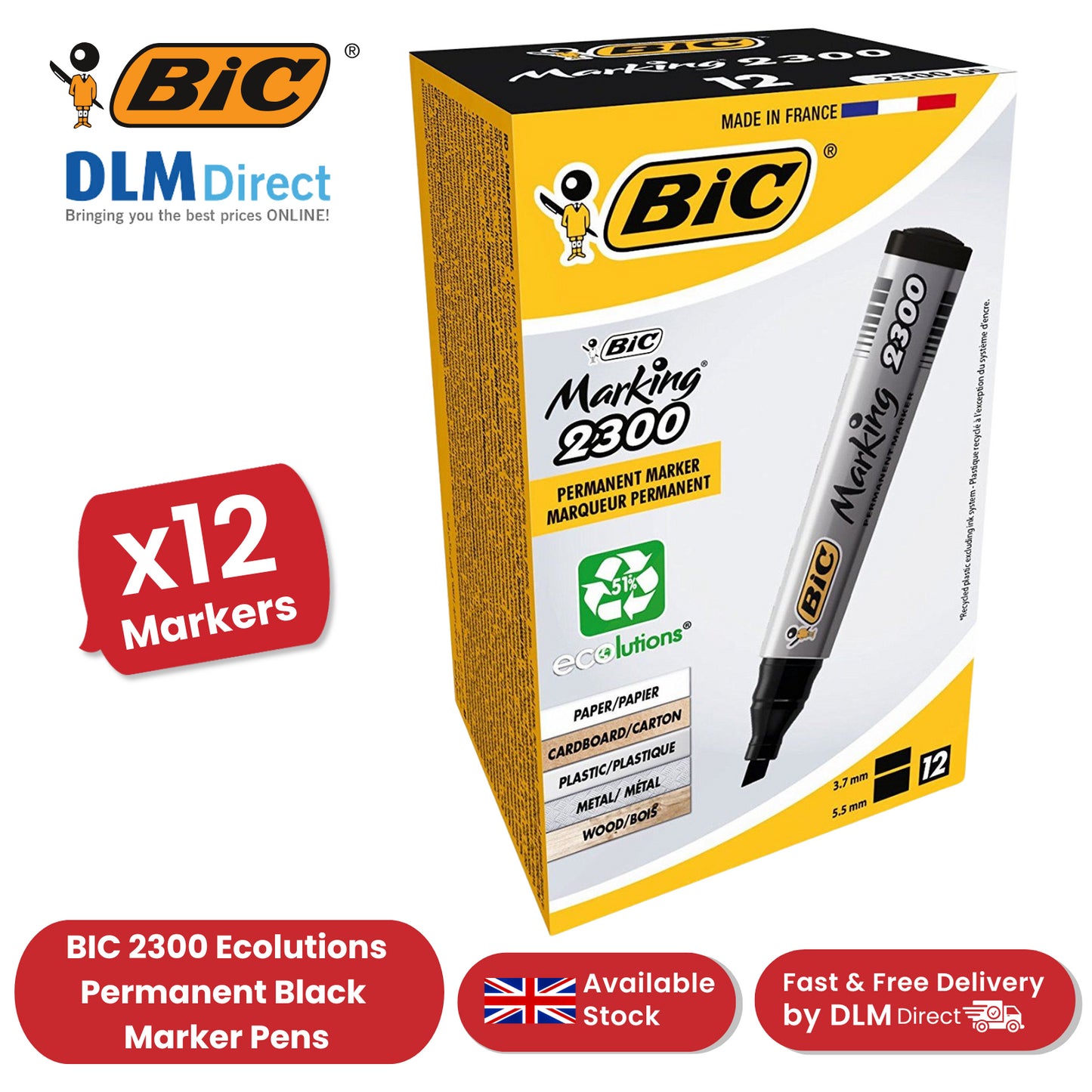 Bic 2300 Permanent Black Chisel Tip Marker (Pack of 12) 820926