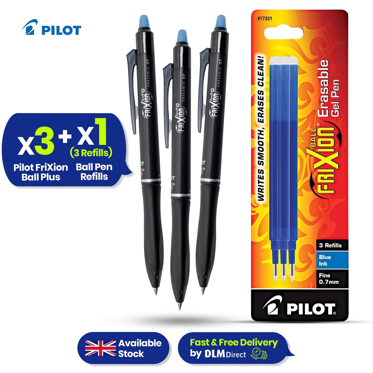 Pilot Frixion Ball Plus Blue Erasable Pens 0.7mm Pack of 3 Pens & 3 Ink Refills