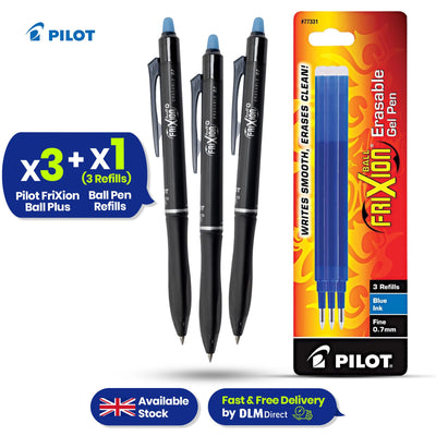 Pilot Frixion Ball Plus Blue Erasable Pens 0.7mm Pack of 3 Pens & 3 Ink Refills