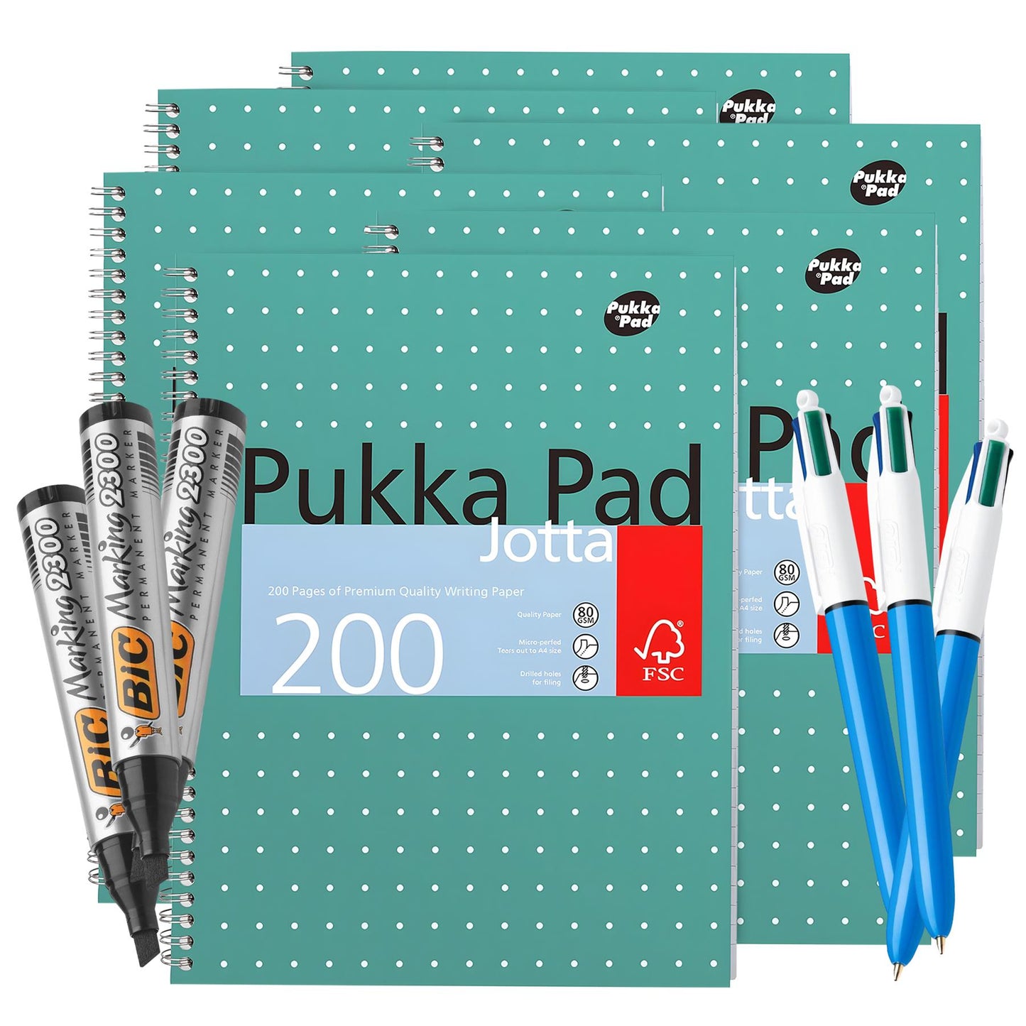 4 Colour Ballpoint Pens, Pukka Pad A4 Notebooks and BIC Markers Complete Stationery Set