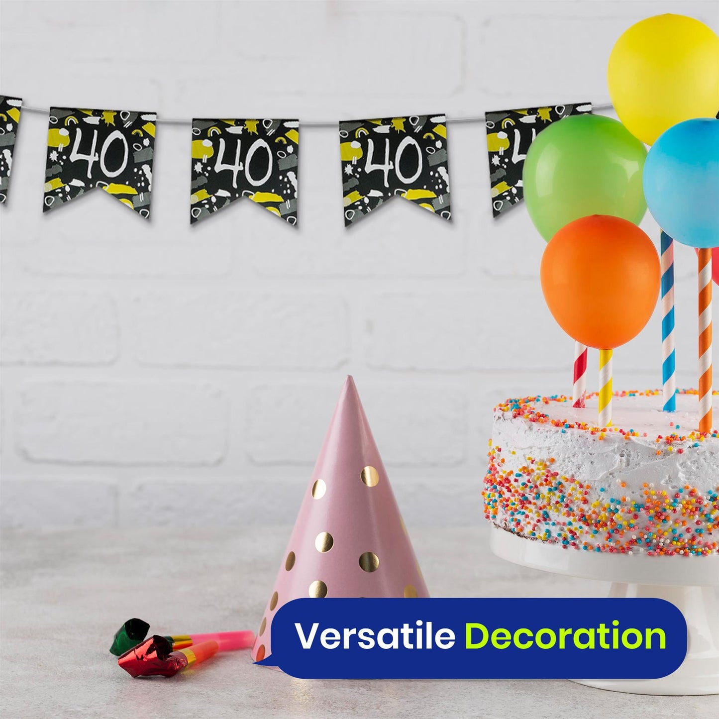 Happy 40th Birthday Black and White Bunting 4M Party Banner with 10 Flags Durable