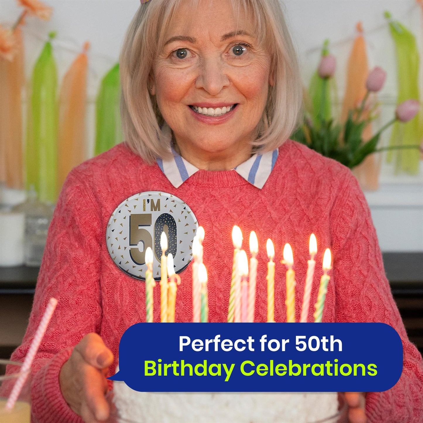 Silver 50th Birthday Badge 8.5cm Age Badge for Party Outfit and Celebrations