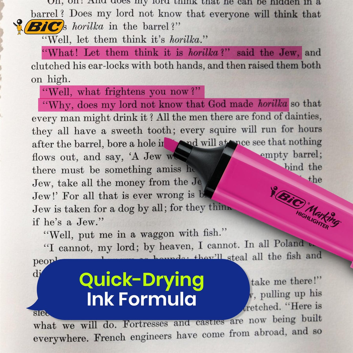 BIC Highlighter Flat Marker Neon Pink Pack of 12 & 4x Assorted Chisel Tip Quick Dry