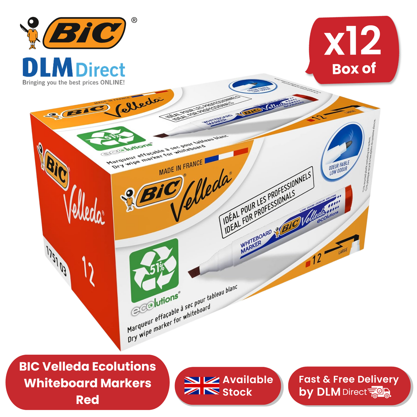 BIC VELLEDA MARKER 1701 RED - PACK OF 12