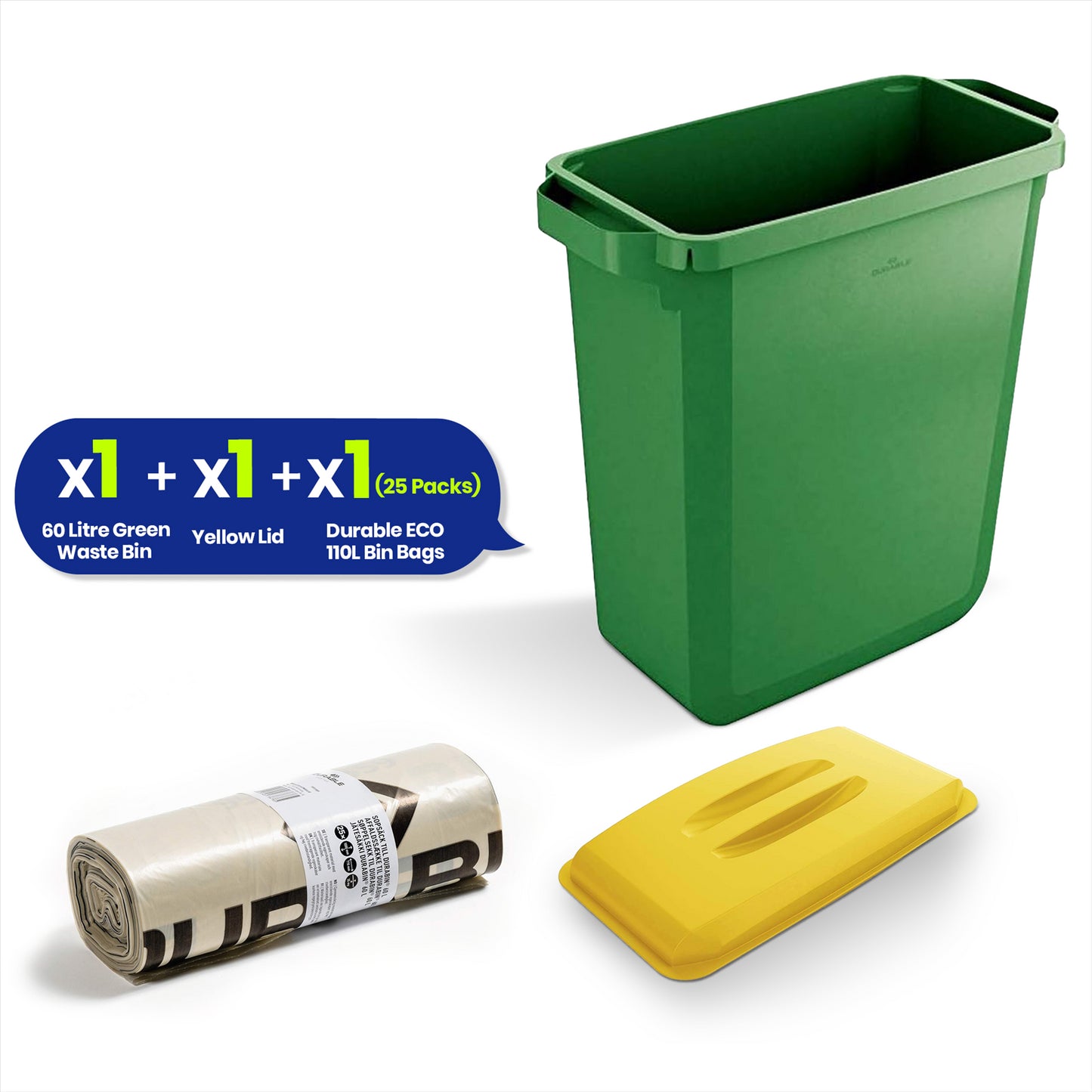 DURABIN 60L Green Bin Set & Yellow Lid and 25x 110L Recycled Bin Bags