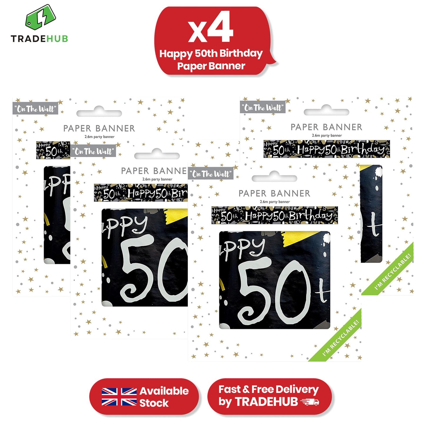 Happy 50th Birthday Black and White Recyclable Banner - 2.6m