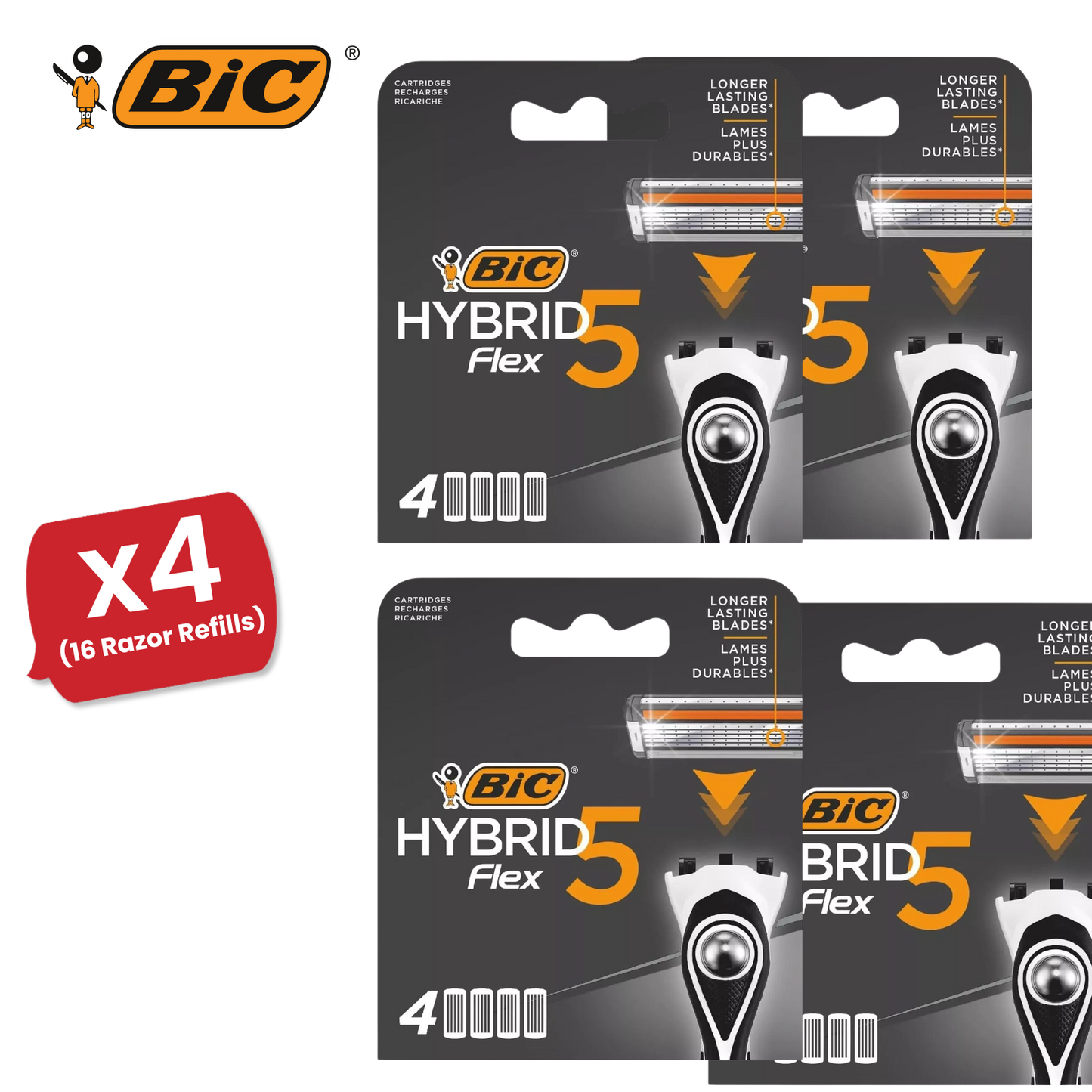 BIC Flex 5 Hybrid Men's Razor Refills  - Box of 4 Cartridges