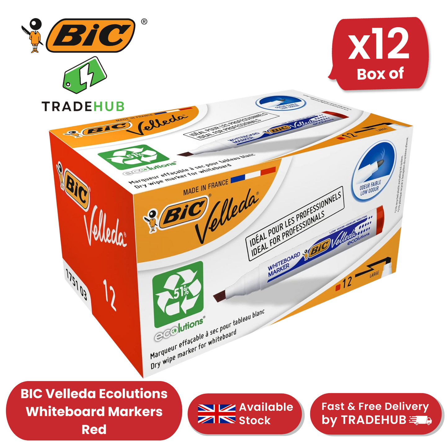 BIC VELLEDA MARKER 1701 RED - PACK OF 12