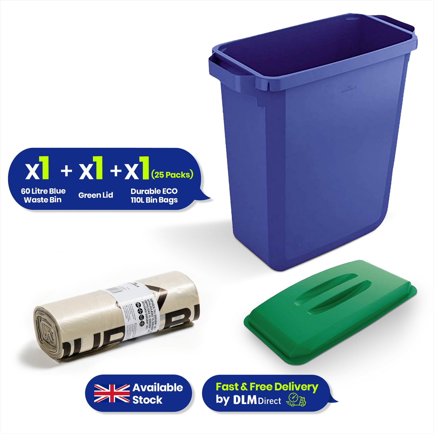 DURABIN 60L Blue Bin Set & Green Lid and 25x 110L Recycled Bin Bags
