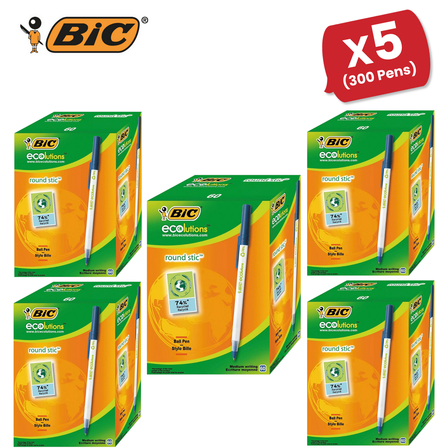 BIC Ecolutions Round Stic Ballpoint Pens - Blue Ink, 1.0mm Tip - Box of 60
