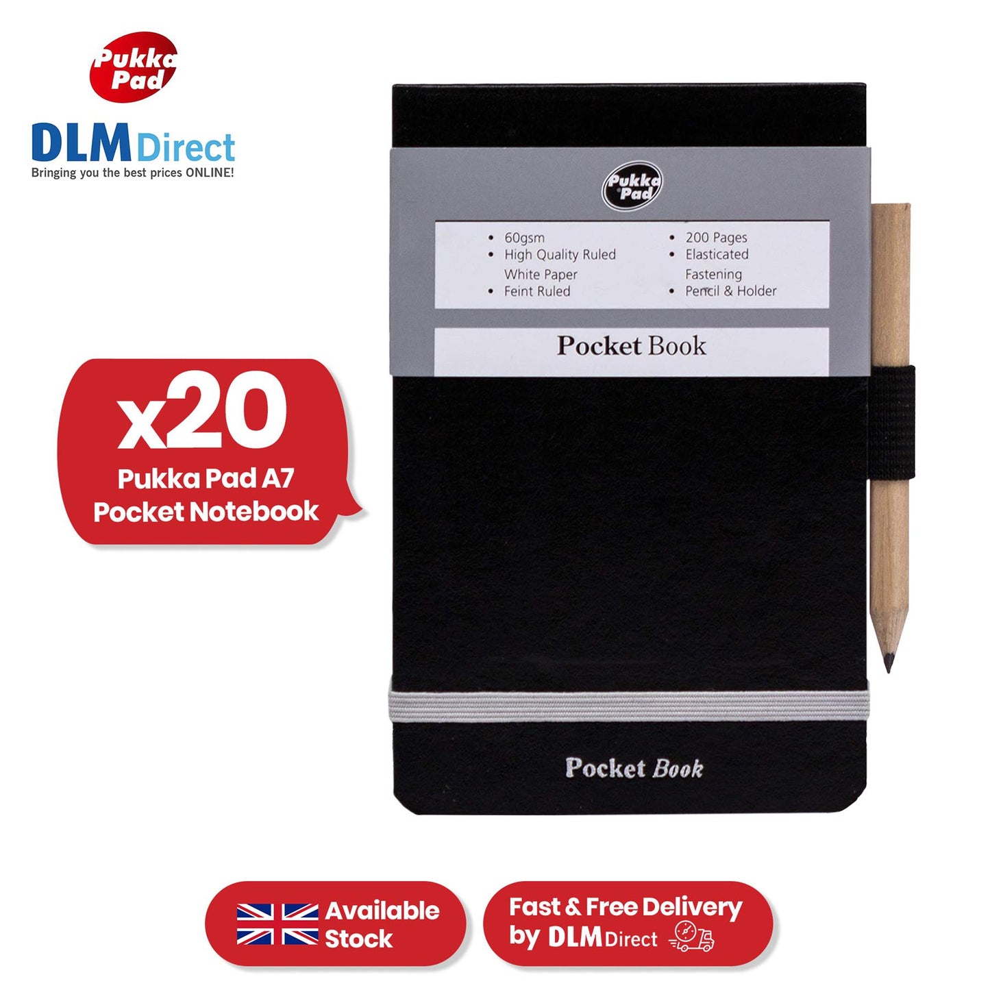 Pukka Pad Pocket Book - 200 Pgs A7 Black Notepad with Pencil & Elastic Strap for Journaling