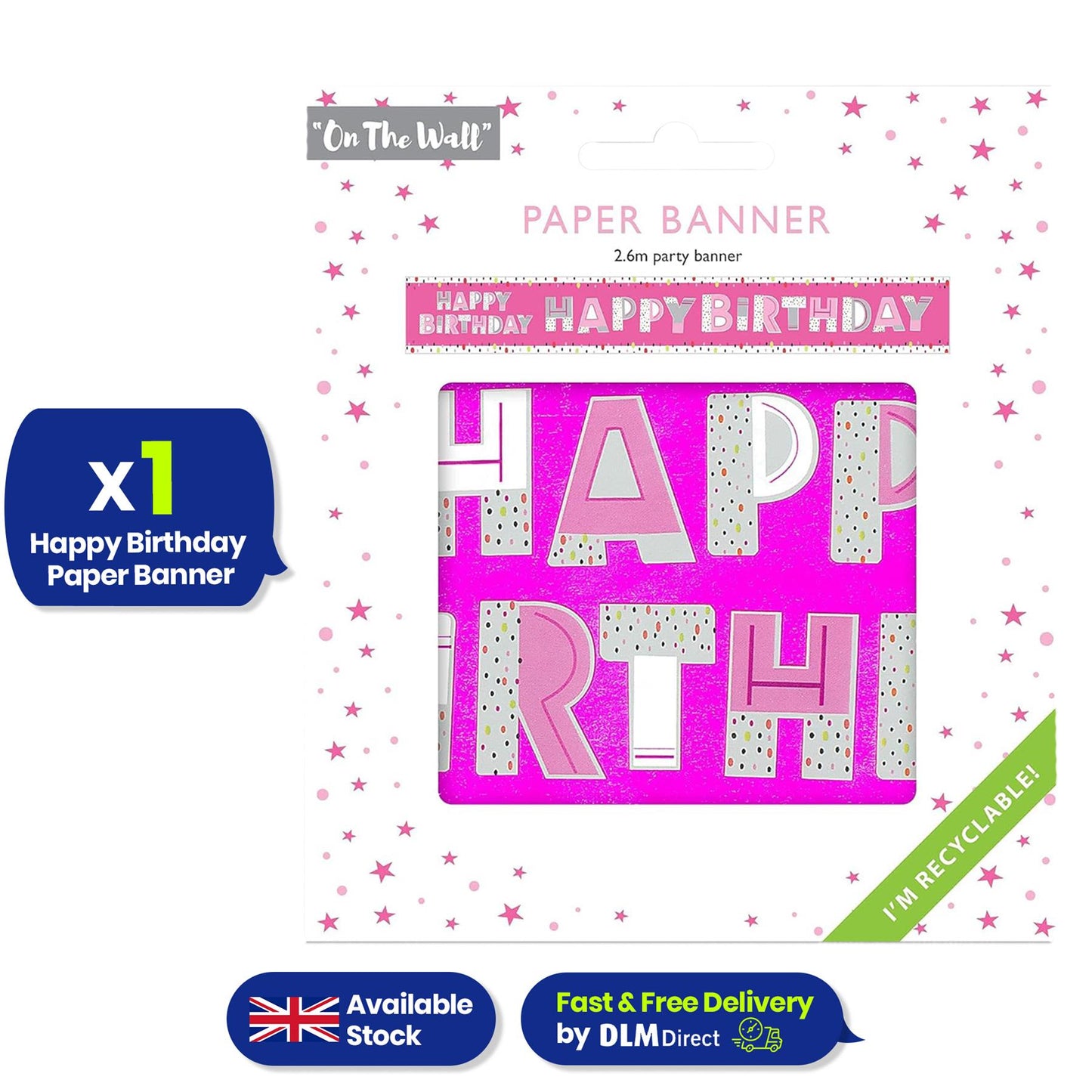 Happy Birthday Pink Recyclable Paper Banner 260cm Party Decor for Kids Adults