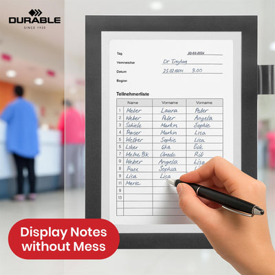 Durable DURAFRAME Magnetic Frame, Black A5 Wall Mount Magnetic Display with Pen Holder for Work