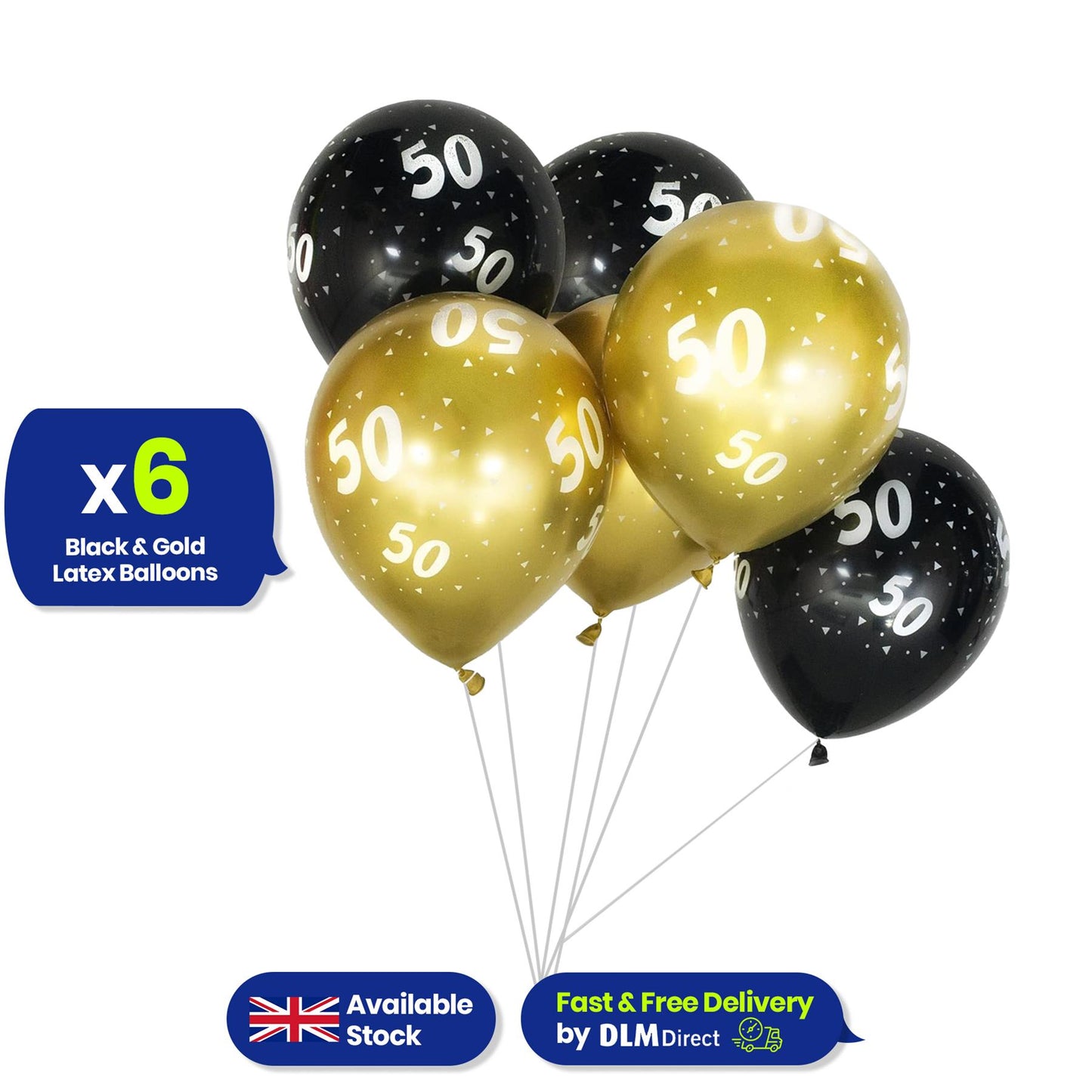 Age 50 Black and Gold Latex Balloons Milestone Birthday, 12 Inch Pack of 6
