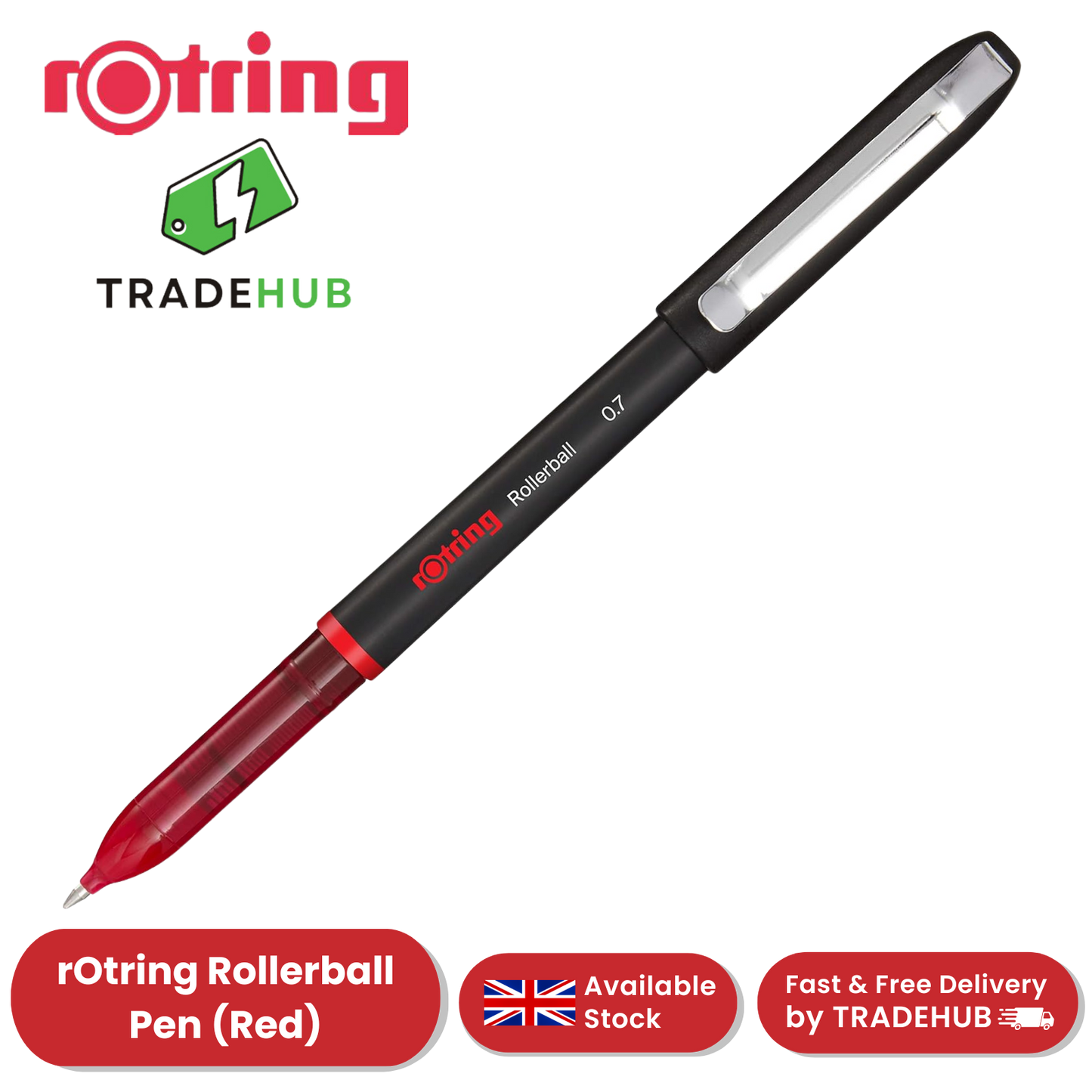 rOtring Rollerball Pen Fine Point 0.7mm - Red Ink, Smooth & Precise Writing