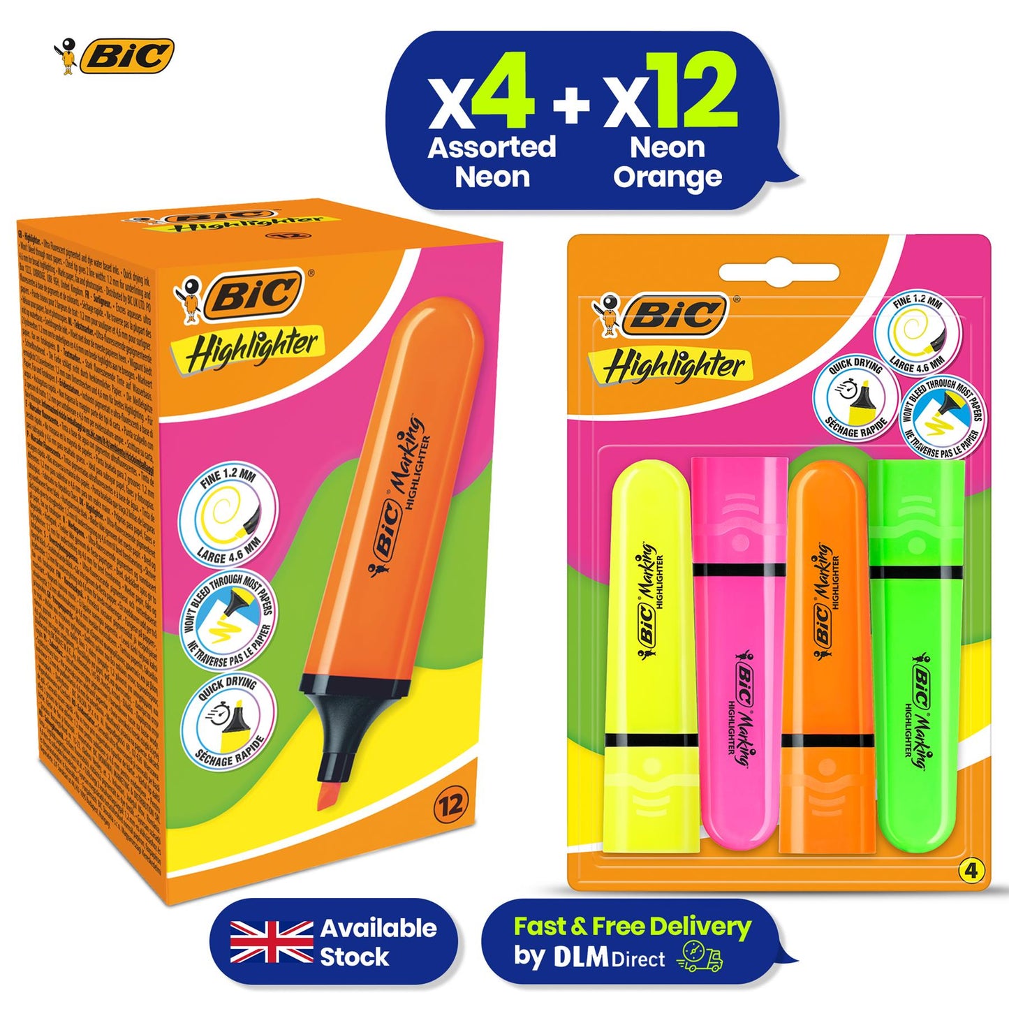 BIC Highlighter Flat Marker Neon Orange Pack of 12 & 4x Assorted Chisel Tip Quick Dry