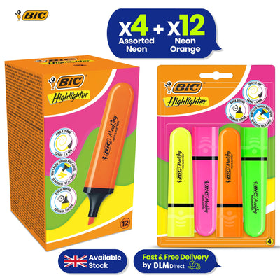 BIC Highlighter Flat Marker Neon Orange Pack of 12 & 4x Assorted Chisel Tip Quick Dry